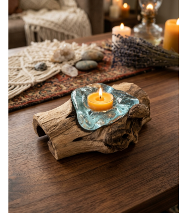 PORTAVELA CRISTAL FUNDIDO EN MADERA NATURAL
