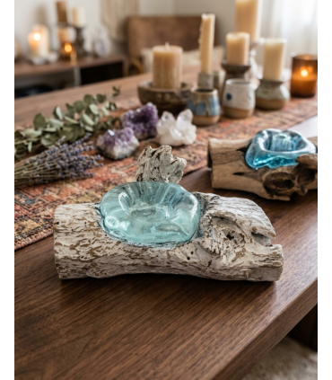 PORTAVELA CRISTAL FUNDIDO EN MADERA NATURAL